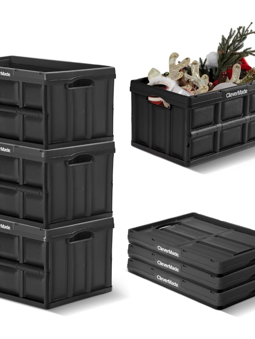 Collapsible Storage Bins, 46L 3 Pack, 75 lb Stackable, Obsidian